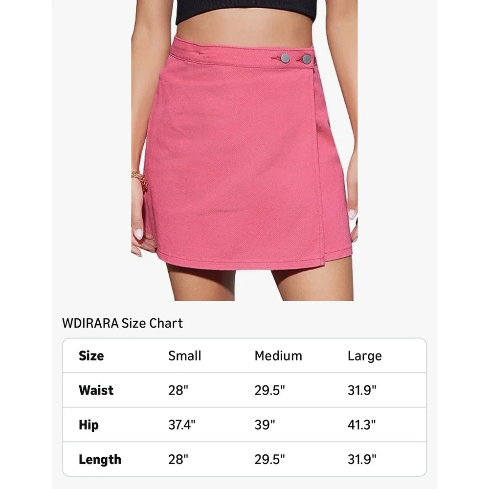 WDIRARA Women's Medium High Waisted ALine Button Wrap Denim Jean Mini Skirt Pink - Picture 3 of 4